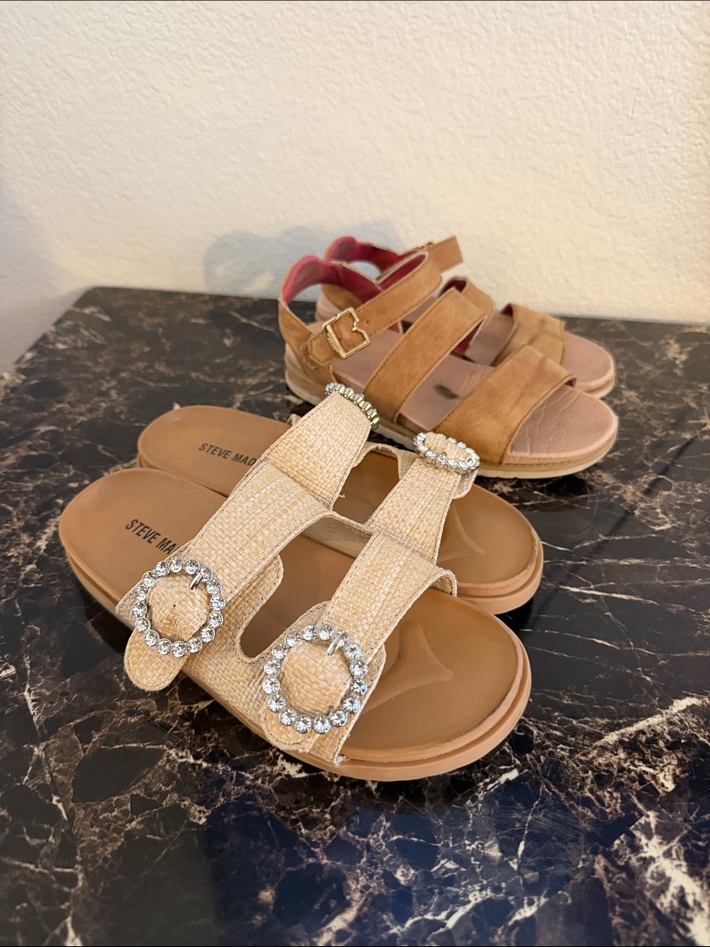 Steve Madden Kids Tan Sparkle Buckle Slide Sandal & Scholls Sandal